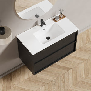 English Elm 36 Inch Floating Bathroom Vanity with Ceramic Sink Fluted Gray Drawers Modern Style W3520S00057