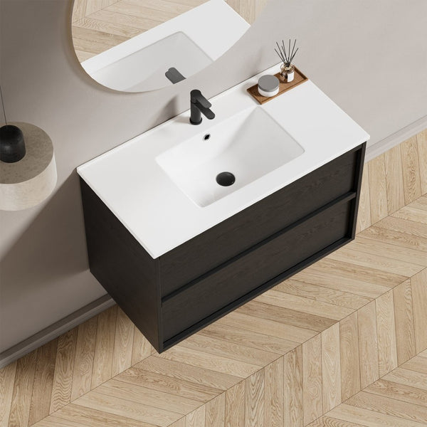 English Elm 36 Inch Floating Bathroom Vanity with Ceramic Sink Fluted Gray Drawers Modern Style W3520S00057