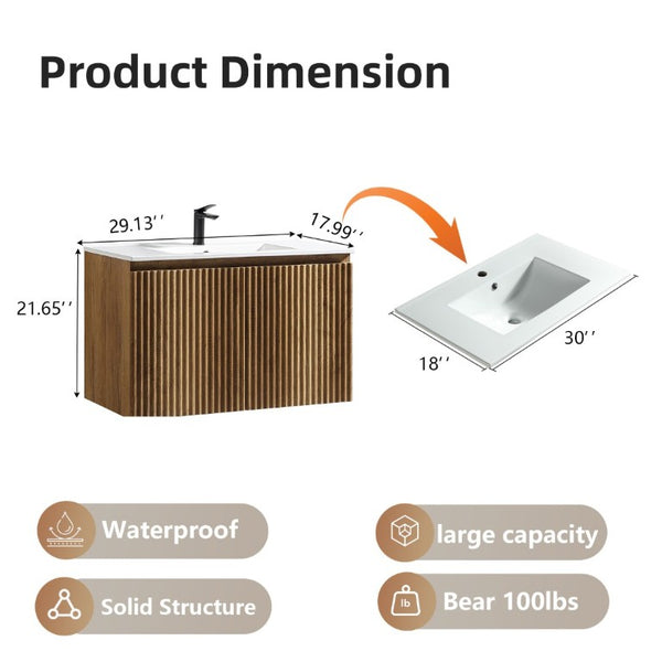 English Elm 30 Inch Golden Oak Wall Cabinet Tool Free Snap Fit Storage for Modern Bathrooms W3520S00058