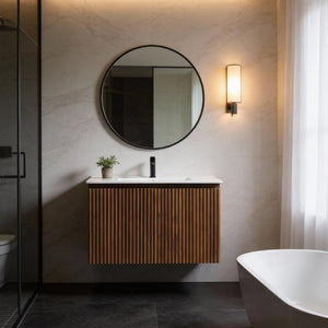 English Elm 30 Inch Folding Wall Vanity with Ceramic Sink Walnut Finish for Small Bathrooms W3520S00059