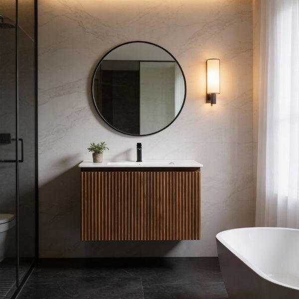 English Elm 30 Inch Folding Wall Vanity with Ceramic Sink Walnut Finish for Small Bathrooms W3520S00059