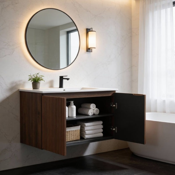 English Elm 30 Inch Folding Wall Vanity with Ceramic Sink Walnut Finish for Small Bathrooms W3520S00059