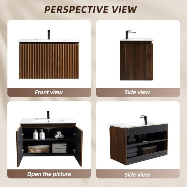 English Elm 30 Inch Folding Wall Vanity with Ceramic Sink Walnut Finish for Small Bathrooms W3520S00059