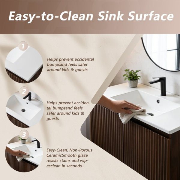 English Elm 30 Inch Folding Wall Vanity with Ceramic Sink Walnut Finish for Small Bathrooms W3520S00059