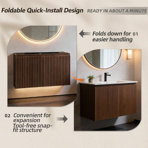 English Elm 30 Inch Folding Wall Vanity with Ceramic Sink Walnut Finish for Small Bathrooms W3520S00059