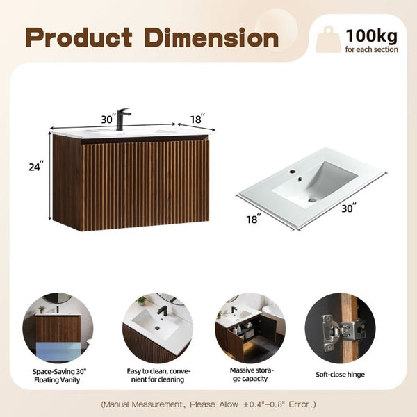 English Elm 30 Inch Folding Wall Vanity with Ceramic Sink Walnut Finish for Small Bathrooms W3520S00059