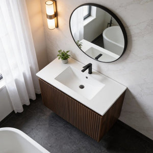English Elm 30 Inch Folding Wall Vanity with Ceramic Sink Walnut Finish for Small Bathrooms W3520S00059