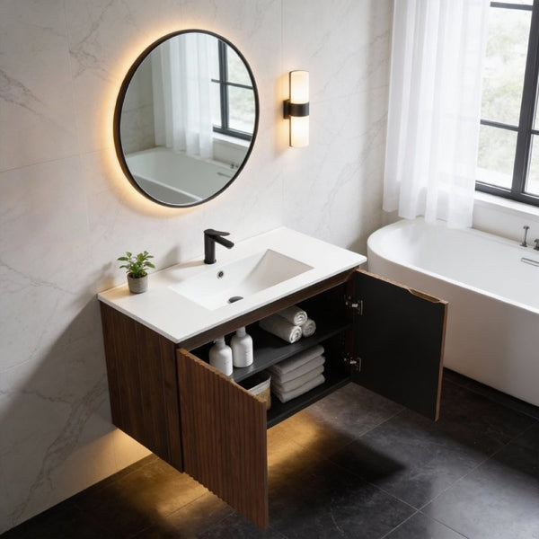 English Elm 30 Inch Folding Wall Vanity with Ceramic Sink Walnut Finish for Small Bathrooms W3520S00059