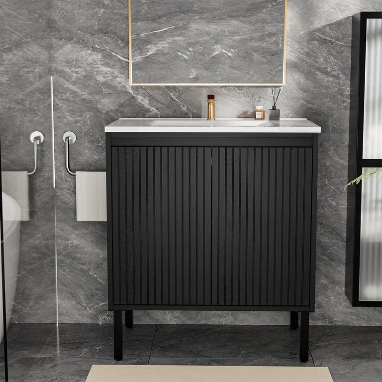 English Elm 30 Inch Freestanding Bathroom Vanity Fluted Matte Black with Engineered Stone Sink W3520S00063