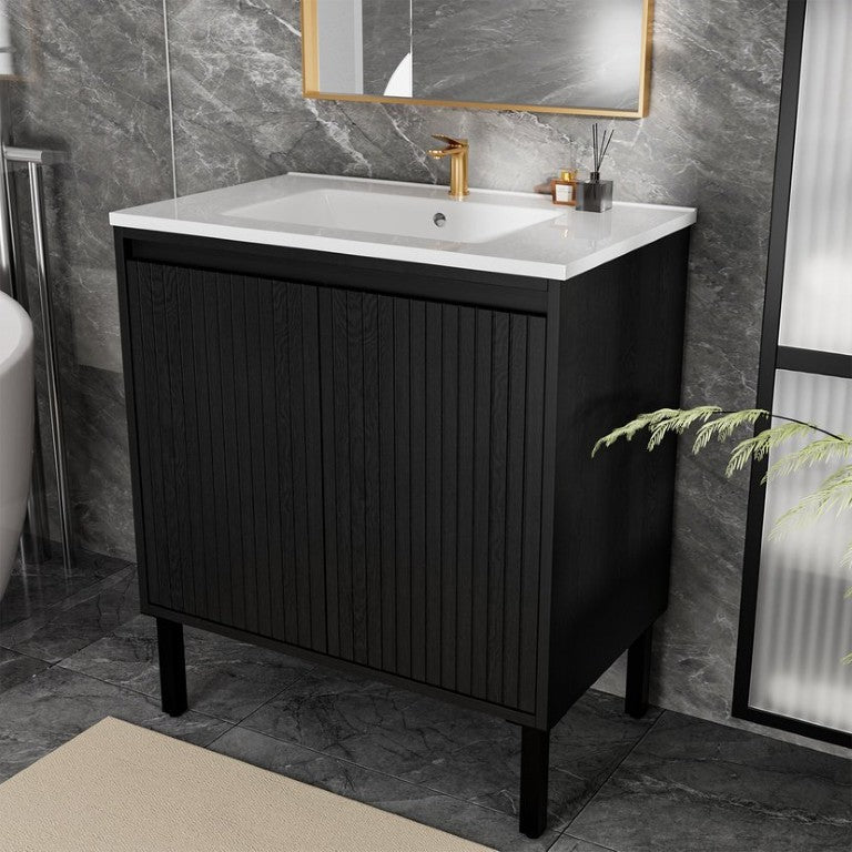 English Elm 30 Inch Freestanding Bathroom Vanity Fluted Matte Black with Engineered Stone Sink W3520S00063