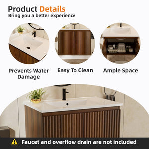 English Elm 24 Inch Walnut Folding Wall Cabinet Engineered Stone Sink Space Saving Bathroom Storage W3520S00067
