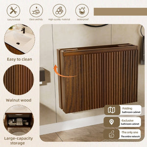 English Elm 24 Inch Walnut Folding Wall Cabinet Engineered Stone Sink Space Saving Bathroom Storage W3520S00067