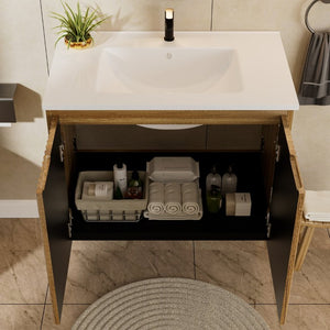 English Elm 24 Inch Folding Wall Vanity Cabinet with Engineered Stone Sink Space Saving Bath W3520S00068