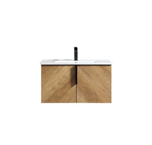English Elm 30 Inch Floating Bathroom Vanity Fluted Wood Grain Panel Integrated Stone Sink W3520S00073
