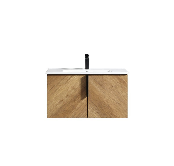 English Elm 30 Inch Floating Bathroom Vanity Fluted Wood Grain Panel Integrated Stone Sink W3520S00073