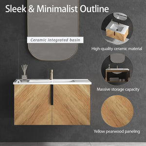 English Elm 30 Inch Floating Bathroom Vanity Fluted Wood Grain Panel Integrated Stone Sink W3520S00073