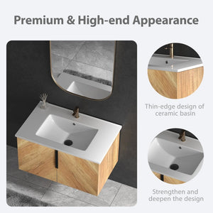 English Elm 30 Inch Floating Bathroom Vanity Fluted Wood Grain Panel Integrated Stone Sink W3520S00073