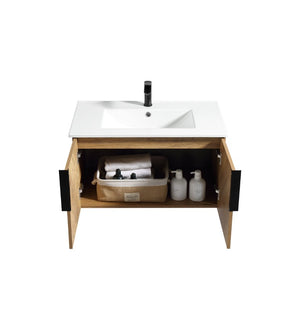 English Elm 30 Inch Floating Bathroom Vanity Fluted Wood Grain Panel Integrated Stone Sink W3520S00073