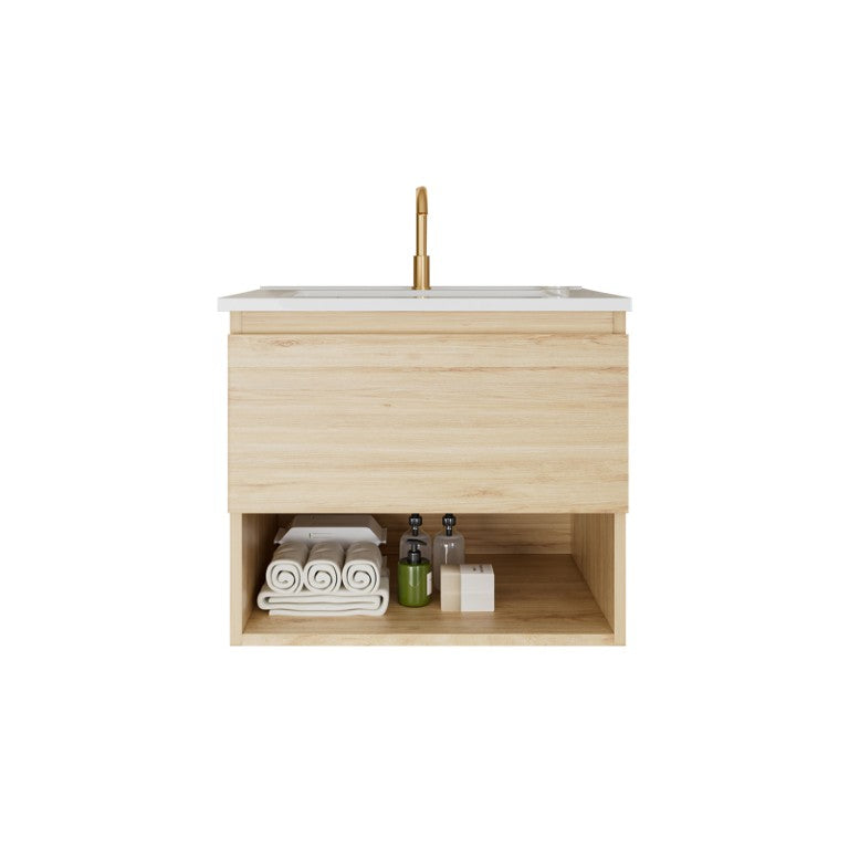 English Elm 24 Inch Floating Bathroom Vanity Natural Oak Wall Mounted Cabinet with Ceramic Basin W3520S00076
