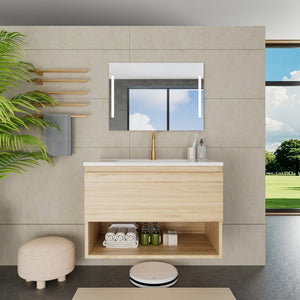 English Elm 30 Inch Floating Bathroom Vanity with Ceramic Sink Fluted Walnut MDF Modern Storage W3520S00077