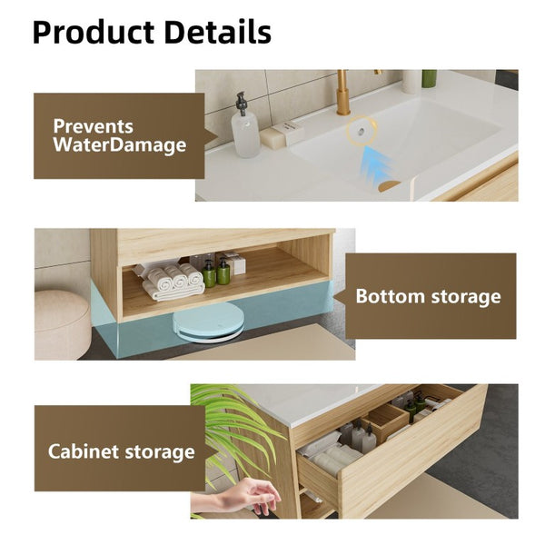 English Elm 30 Inch Floating Bathroom Vanity with Ceramic Sink Fluted Walnut MDF Modern Storage W3520S00077