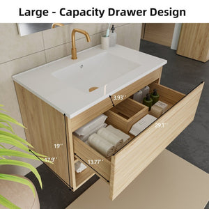 English Elm 30 Inch Floating Bathroom Vanity with Ceramic Sink Fluted Walnut MDF Modern Storage W3520S00077