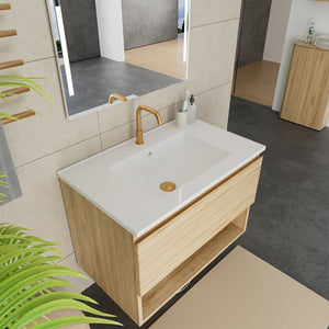 English Elm 30 Inch Floating Bathroom Vanity with Ceramic Sink Fluted Walnut MDF Modern Storage W3520S00077