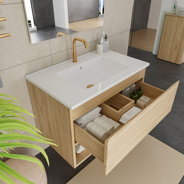 English Elm 30 Inch Floating Bathroom Vanity with Ceramic Sink Fluted Walnut MDF Modern Storage W3520S00077