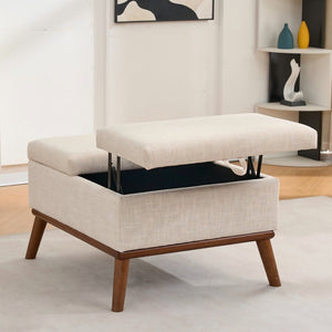 English Elm Large Upholstered Storage Ottoman Mid Century Rubberwood Base Lift Top Living Room W3523P493180