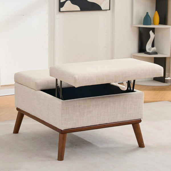 English Elm Large Upholstered Storage Ottoman Mid Century Rubberwood Base Lift Top Living Room W3523P493180