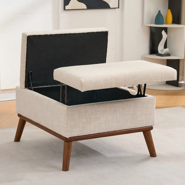 English Elm Large Upholstered Storage Ottoman Mid Century Rubberwood Base Lift Top Living Room W3523P493180