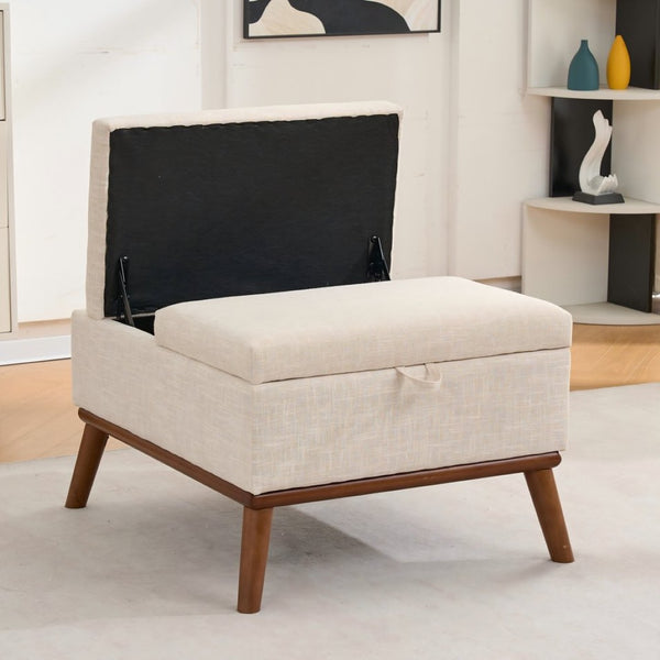 English Elm Large Upholstered Storage Ottoman Mid Century Rubberwood Base Lift Top Living Room W3523P493180