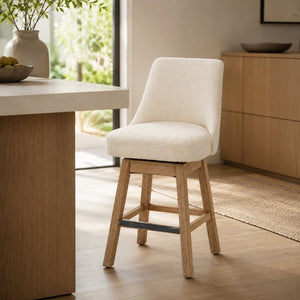 English Elm 360° Swivel Boucle Counter Stools Set of 2 Mid-Century Wood Legs Kitchen Island Beige W3523P516809