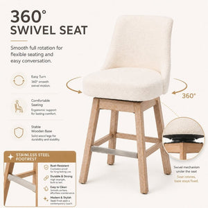 English Elm 360° Swivel Boucle Counter Stools Set of 2 Mid-Century Wood Legs Kitchen Island Beige W3523P516809