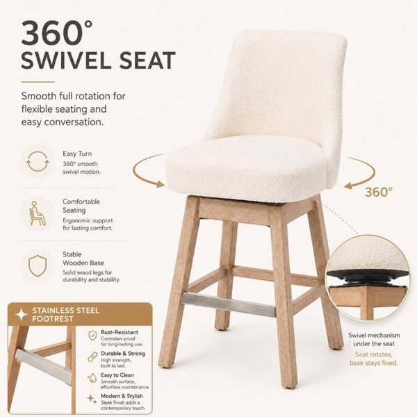 English Elm 360° Swivel Boucle Counter Stools Set of 2 Mid-Century Wood Legs Kitchen Island Beige W3523P516809