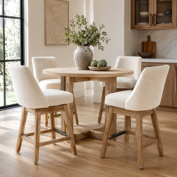 English Elm 360° Swivel Boucle Counter Stools Set of 2 Mid-Century Wood Legs Kitchen Island Beige W3523P516809