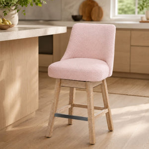 English Elm 360° Swivel Boucle Counter Stools Set of 2 Mid-Century Wood Legs Kitchen Island Pink W3523P516810