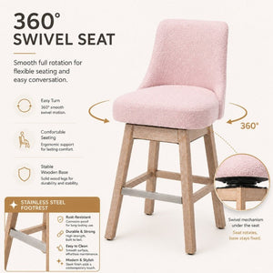 English Elm 360° Swivel Boucle Counter Stools Set of 2 Mid-Century Wood Legs Kitchen Island Pink W3523P516810