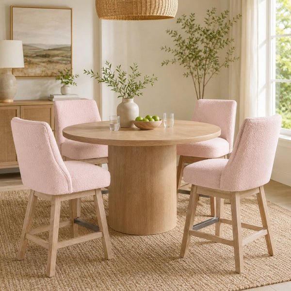 English Elm 360° Swivel Boucle Counter Stools Set of 2 Mid-Century Wood Legs Kitchen Island Pink W3523P516810