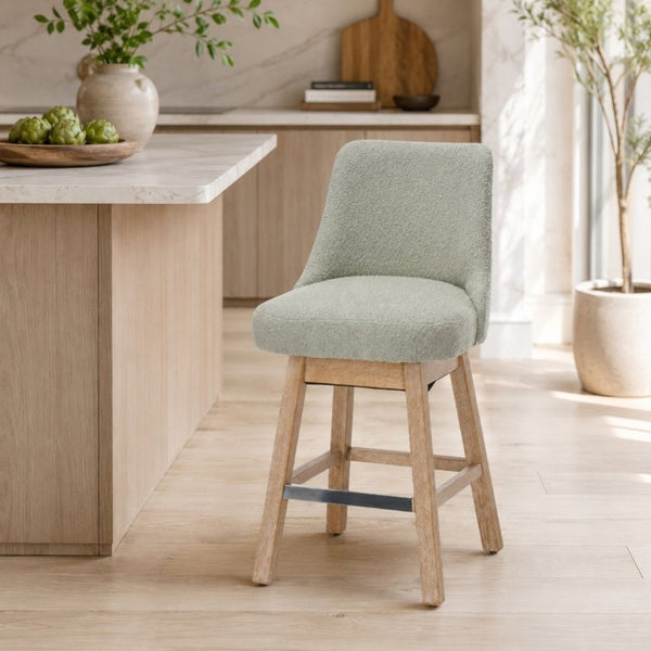 English Elm 360° Swivel Boucle Counter Stools Set of 2 Mid-Century Wood Legs Kitchen Island Green W3523P516811