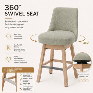 English Elm 360° Swivel Boucle Counter Stools Set of 2 Mid-Century Wood Legs Kitchen Island Green W3523P516811