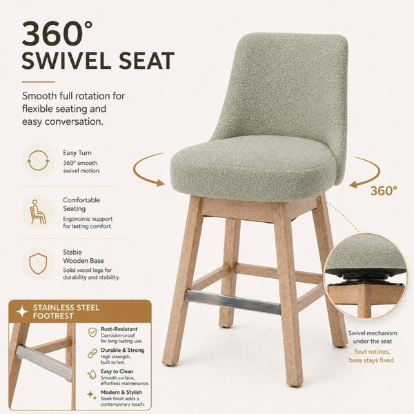 English Elm 360° Swivel Boucle Counter Stools Set of 2 Mid-Century Wood Legs Kitchen Island Green W3523P516811
