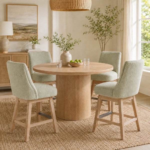 English Elm 360° Swivel Boucle Counter Stools Set of 2 Mid-Century Wood Legs Kitchen Island Green W3523P516811