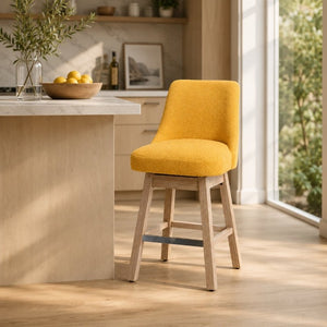 English Elm 360° Swivel Boucle Counter Stools Set of 2 Mid-Century Wood Legs Kitchen Island Yellow W3523P516812