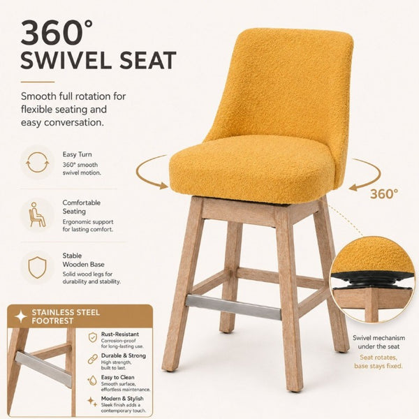 English Elm 360° Swivel Boucle Counter Stools Set of 2 Mid-Century Wood Legs Kitchen Island Yellow W3523P516812