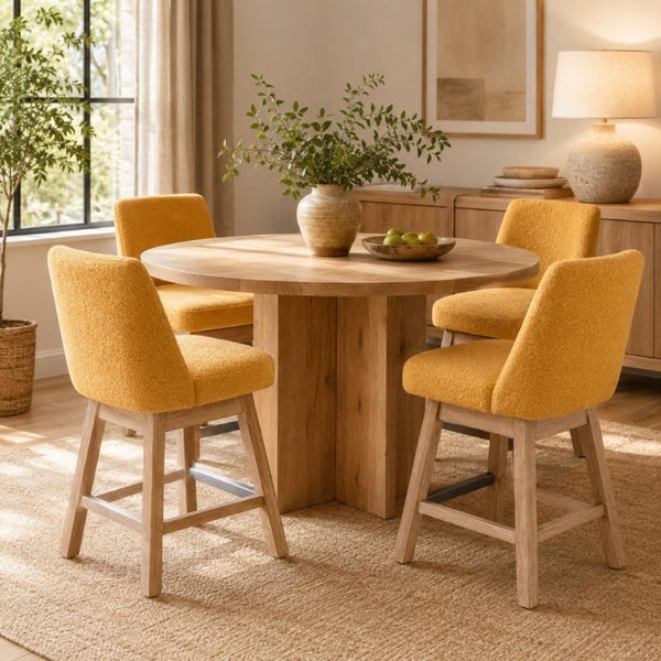 English Elm 360° Swivel Boucle Counter Stools Set of 2 Mid-Century Wood Legs Kitchen Island Yellow W3523P516812