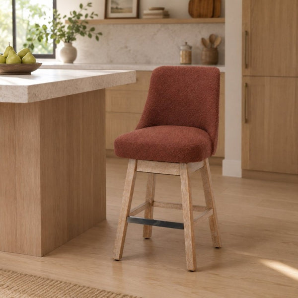 English Elm 360° Swivel Boucle Counter Stools Set of 2 Mid-Century Wood Legs Kitchen Island Burgundy W3523P516813
