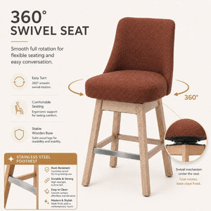 English Elm 360° Swivel Boucle Counter Stools Set of 2 Mid-Century Wood Legs Kitchen Island Burgundy W3523P516813