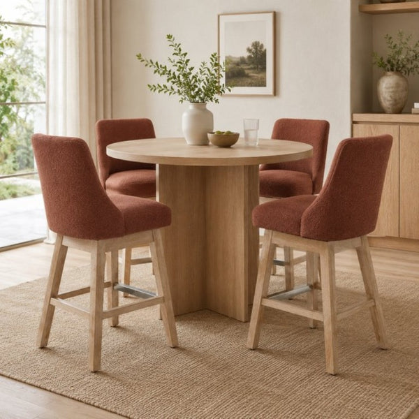 English Elm 360° Swivel Boucle Counter Stools Set of 2 Mid-Century Wood Legs Kitchen Island Burgundy W3523P516813