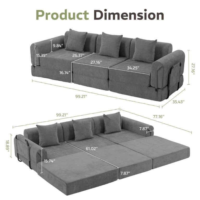English Elm 100 Inch Chenille Cloud Sectional Sleeper Sofa with Fixed Frame and Storage Pocket Dark Gray W3523S00002